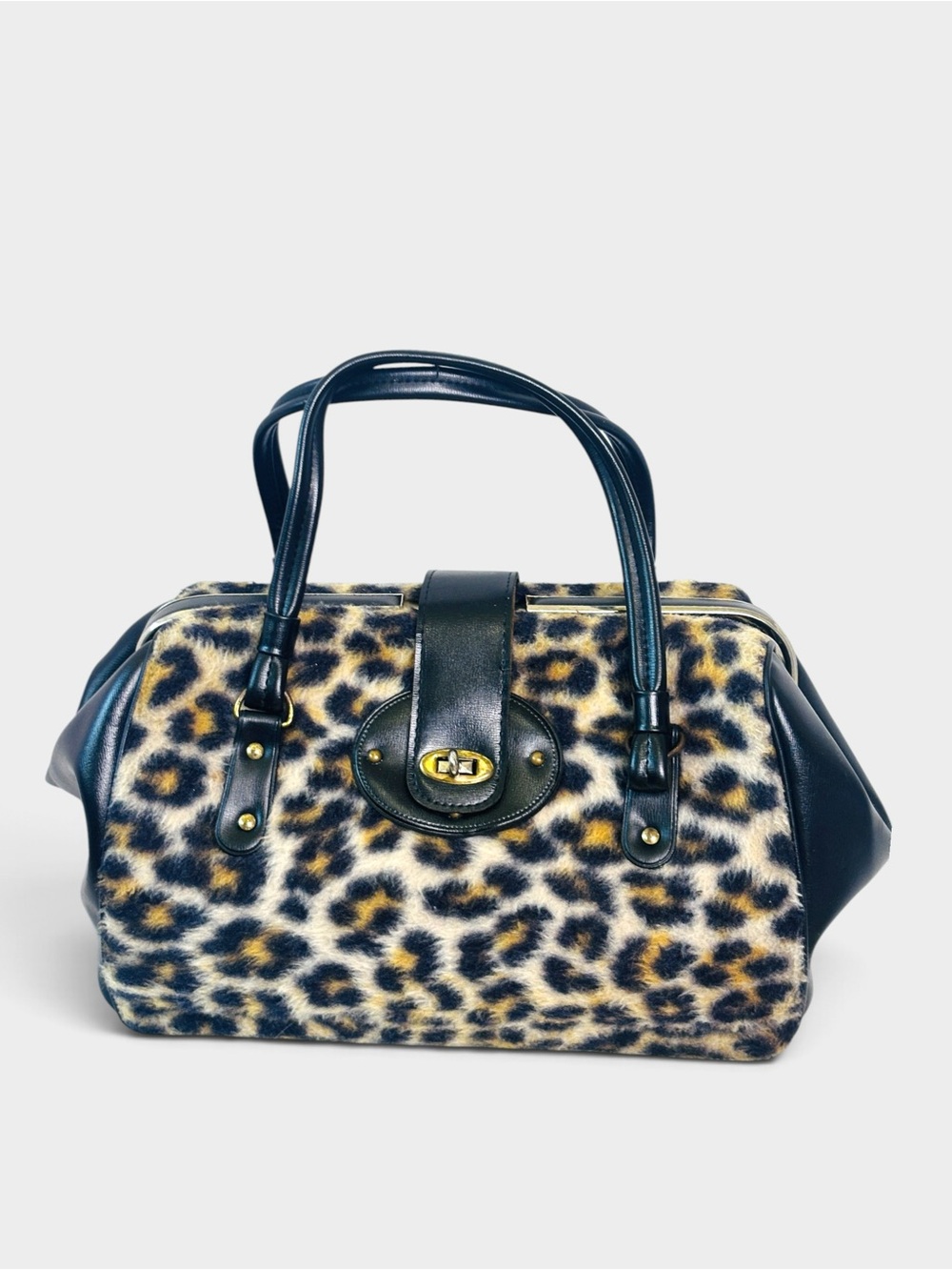 1960s Vintage Leopard Print Faux Fur Satchel Handbag with Black Trim
